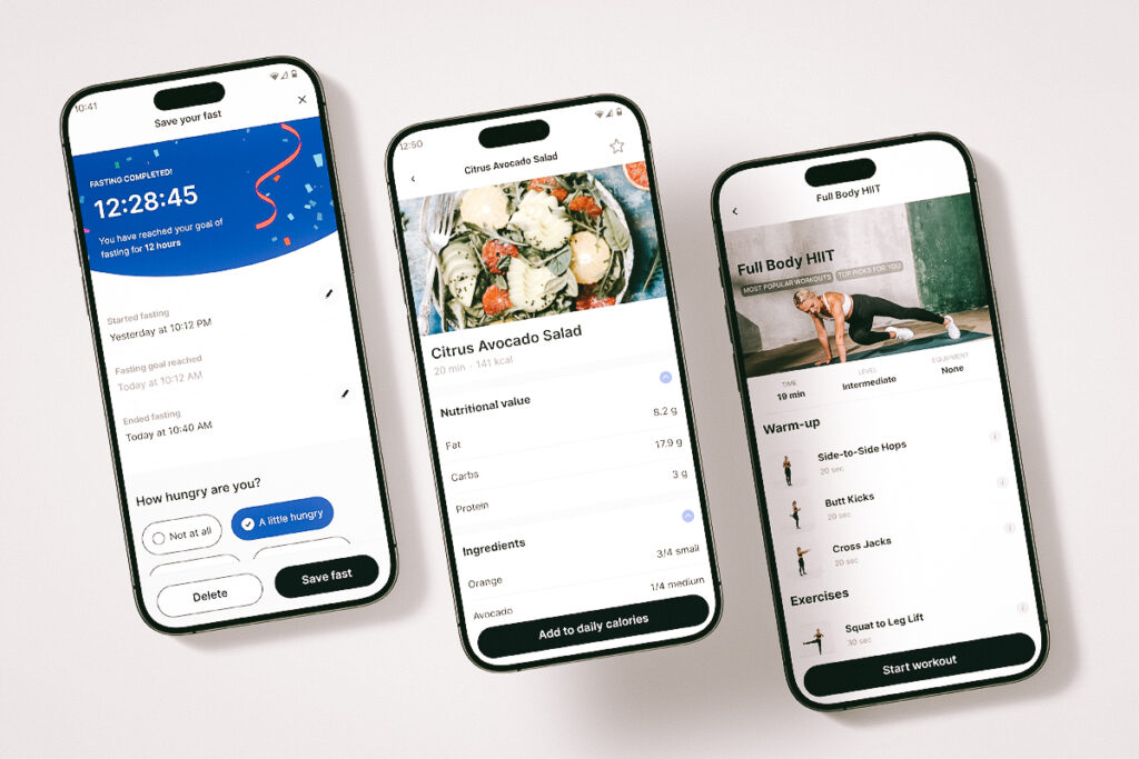 App screens showing the end of a fasting period, a recipe, and a HIIT workout
