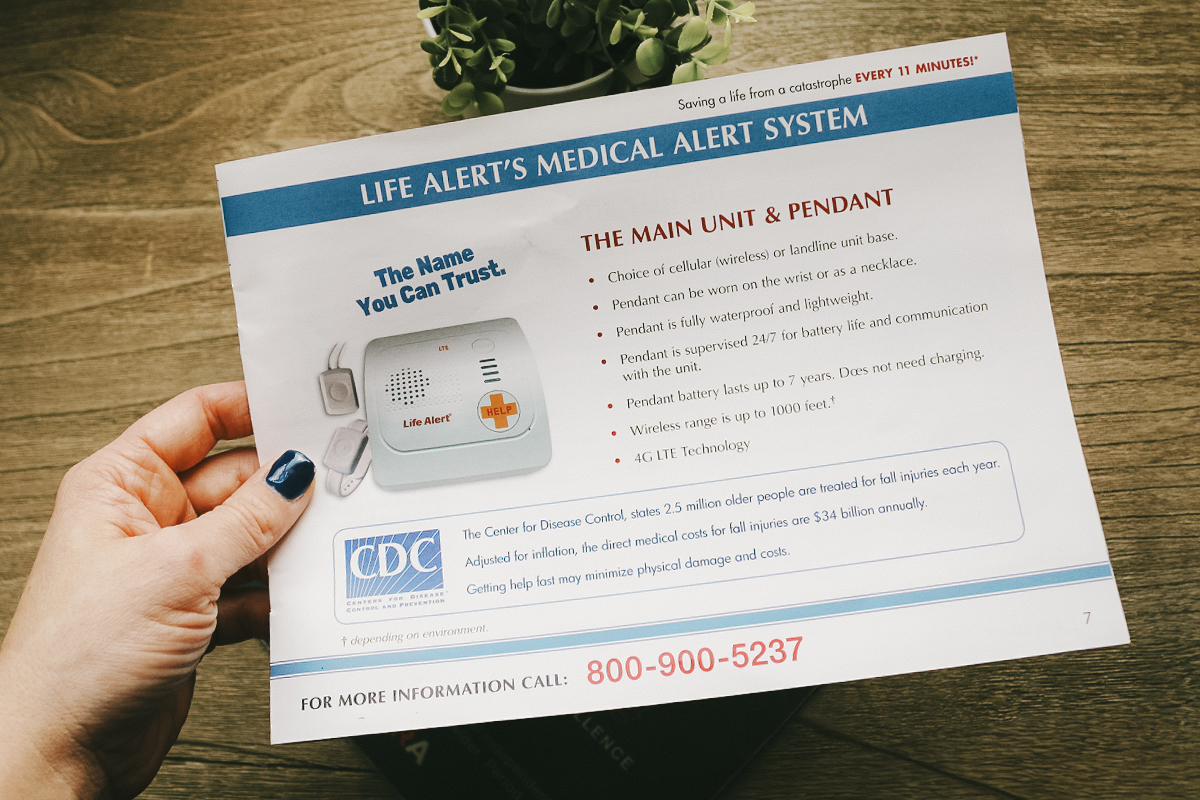 Life Alert brochure describing in-home specifications